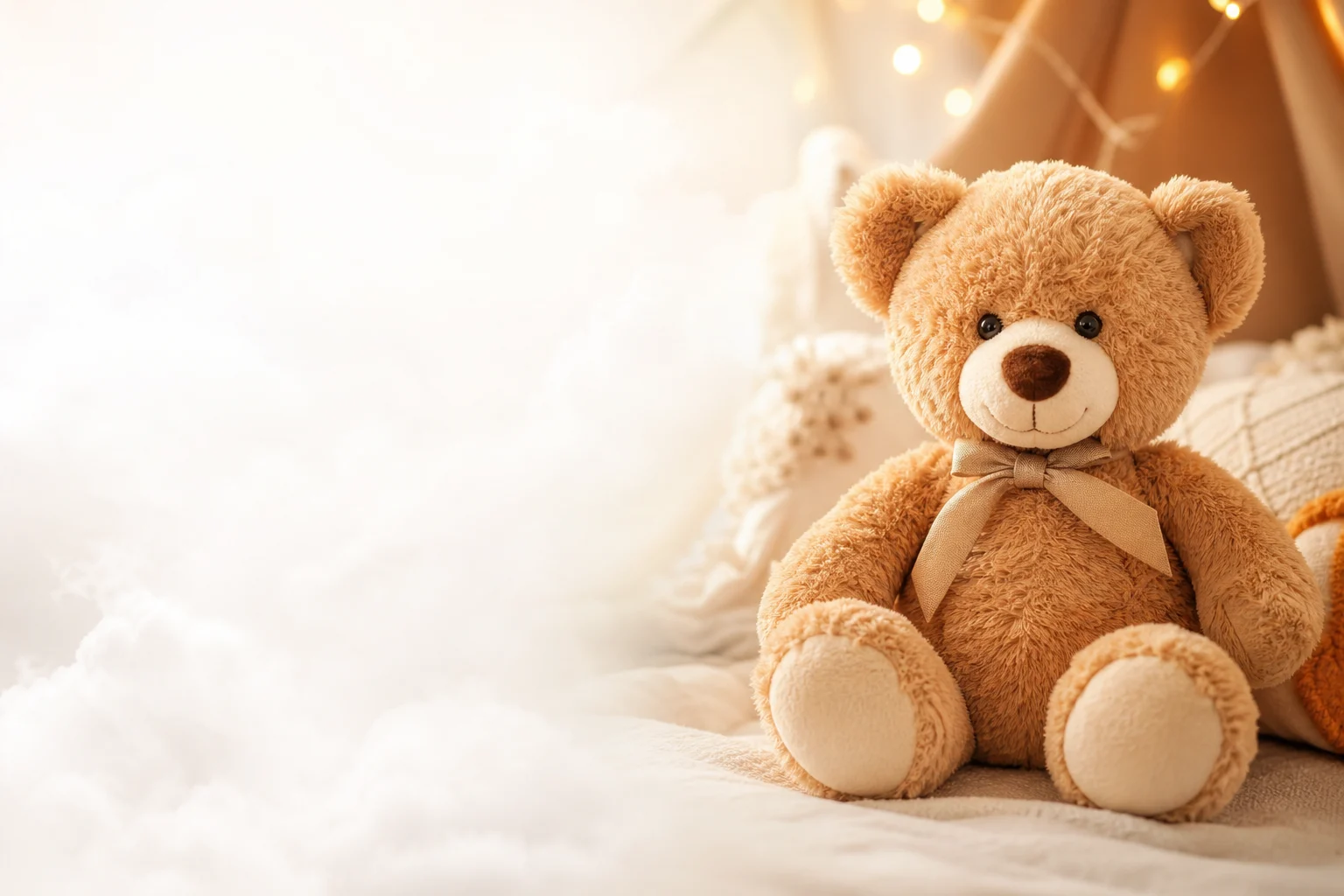 Weicher brauner Teddybär auf einer gemütlichen Decke