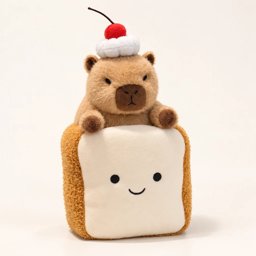 Capybara Kuscheltier im Toast mit Sahne und Kirsche, Gesamtansicht