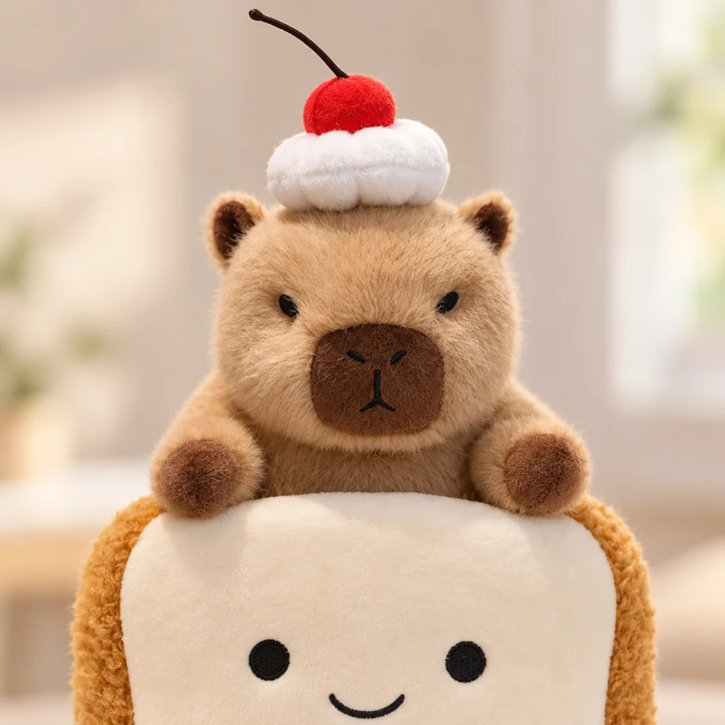 Capybara Kuscheltier Toast, Detail von Gesicht und Plüschstoff