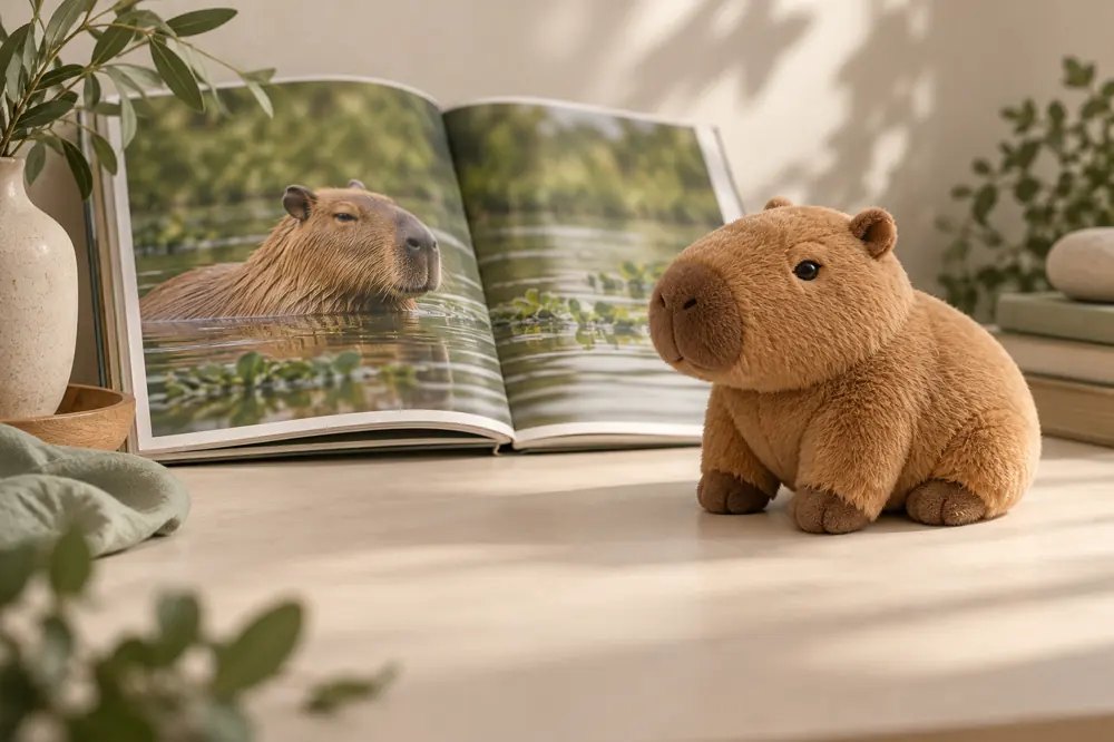 Illustration eines Capybaras neben einem braunen Capybara-Kuscheltier